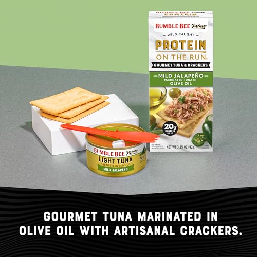 Image of Bumble Bee Prime Protein On the Run Mild Jalapeno Tuna Kit (Pack of 12) | Ready to Eat Easy-Open Canned Gourmet Tuna Marinated in Olive Oil with Crackers & Utensil, 19g Protein per Box