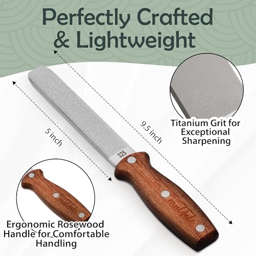 Muldale Garden Tool Sharpener - Dual Grit Titanium File with Leather Strop for Pruners Loppers Hedge Shears Mower Blades Axes and Machetes
