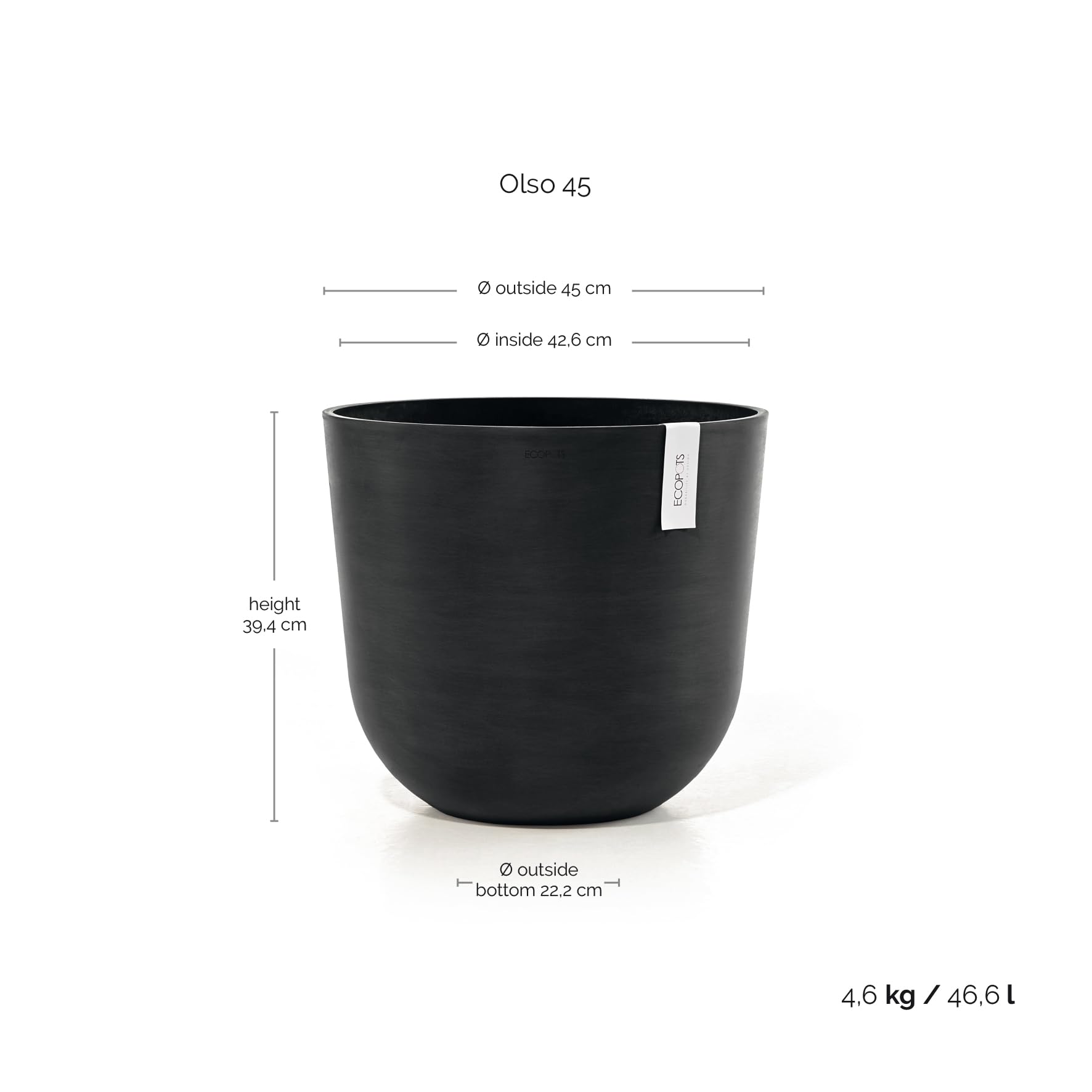 Ashortwalk ECOPOTS Oslo, vaso rotondo in plastica riciclata (diametro 45 cm x altezza 39,2 cm) (nero)