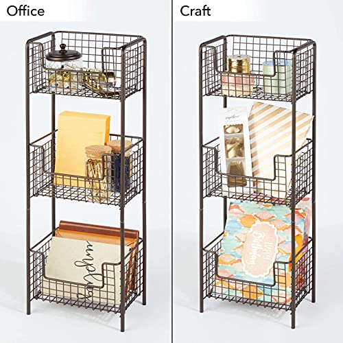 mDesign 3 Tier Vertical Standing Bathroom Shelving Unit, Decorative Metal Storage Organizer Tower Rack Center with 3 Basket Bins to Hold and Organize Bath Towels, Hand Soap, Toiletries - Bronze