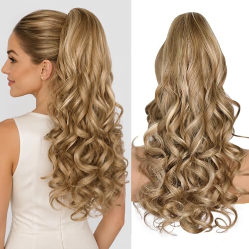 24 Inch Blonde Ponytail Extension Clip on Ponytails for Women Long Curly Ponytail Extensions for Women Synthetic Layered Pony Tails Hair Extensions (Color: Dark Blonde With Beige Blonde Highlights)