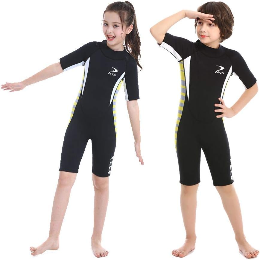 ZCCO 2.5mm Kids Shorty Wetsuit, Boys and Girls Full Body Thermal Neoprene Swimsuit, Back Zip Wet Suit for Scuba Diving, Swimming, Surfing