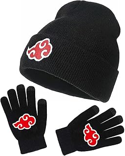 Anime Naruto Knitted Kit,Akatsuki Beanie Hat+Finger Gloves Akatsuki Kids Gloves,Unisex Solid Cloud Hat Winter Knitted Warm Cap Knitted Gloves, for Fans, Black