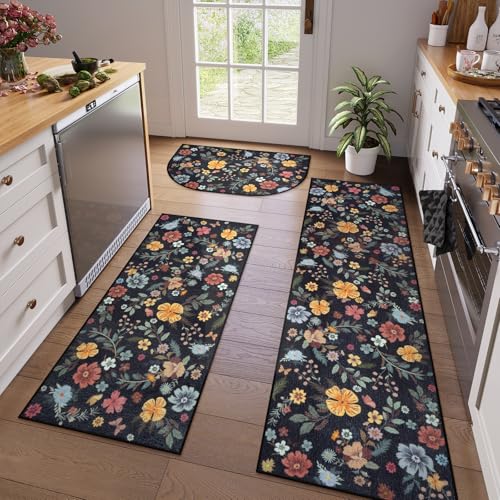 KIMODE Farmhouse Kitchen Rugs Non Slip Washable, Black Floral Kitchen Mats for Floor 3 Piece Set, Half Circle Kitchen Runner Rug for Hallways Laundry Sink Entrance Office 20