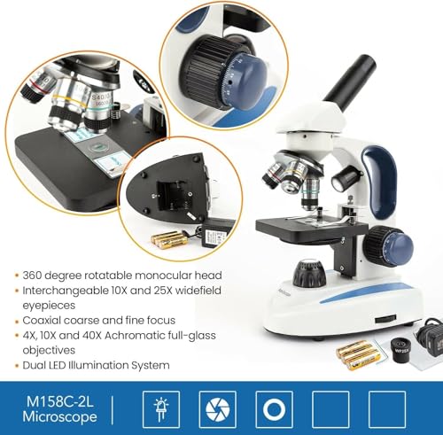 Image of AmScope M158C-2L-E1 Digital Cordless Compound Monocular Microscope, WF10x and WF25x Eyepieces, 40x-1000x Magnification, Upper and Lower LED Illumination with Rheostat, Brightfield, Single-Lens Condenser, Coaxial Coarse and Fine Focus, Plain Stage, 110V or Battery-Powered, Includes 1.3MP Camera and Software