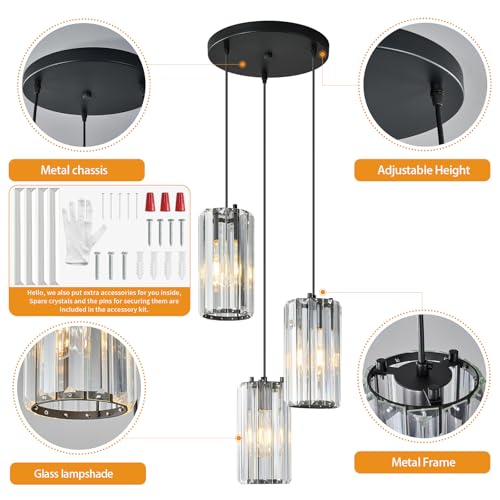 Image of Black Pendant Lighting Modern Pendant Light, Mini Crystal Chandeliers,Adjustable Pendant Light Fixture for Kitchen Island Dinning Room Corridor Bedroom(Gold 3-Light)