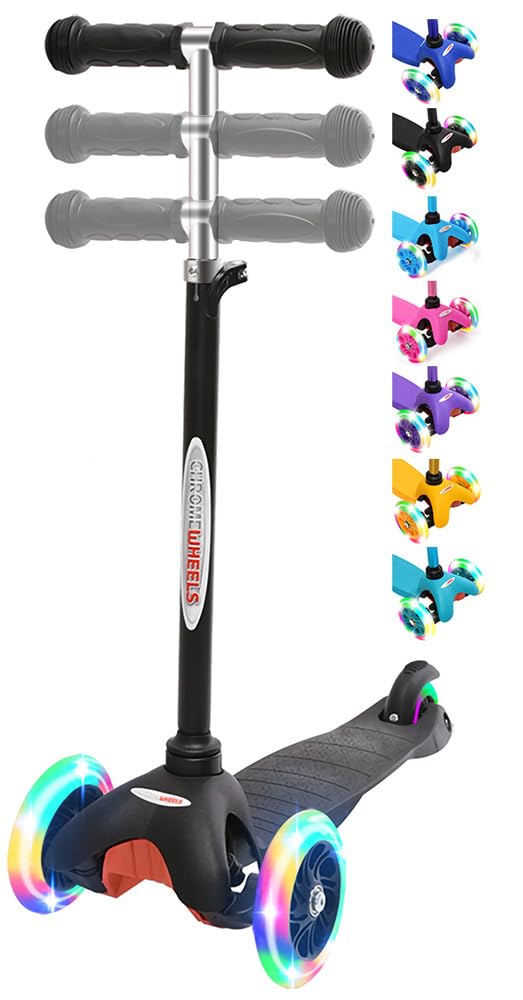 ChromeWheels Scooter for Kids, Deluxe 3 Wheel Scooter for Toddlers 4 Adjustable Height Glider with Kick Scooters, Lean to Steer with LED Flashing Light for Ages 3-6 Girls Boys