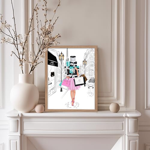 Image of Poster Master Fashion Poster - Lady with Shopping Bags Print - Trendy Art - Modern Art - Gift for Her & Fashionista - Luxury Haute Couture Decor for Bedroom or Girl's Room, 11x14 Beige Framed