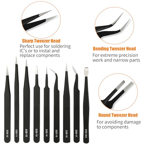 9 Piece Precision ESD Anti-Static Tweezers Set, Stainless Steel Non-Magnetic Tweezers with Storage Bag - Image 3