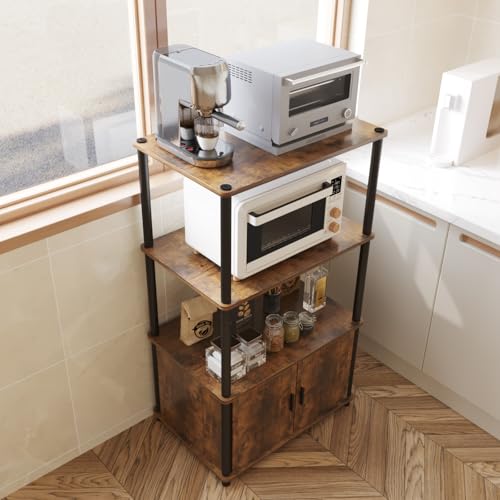 Image of Amazon Brand - Umi 3-Tier Microwave Stand with Storage Cabinet, Kitchen Storage Rack, Baker's Rack, Bookshelf, Printer Stand, Multipurpose Standing Shelf Unit with Doors for Kitchen, Living Room
