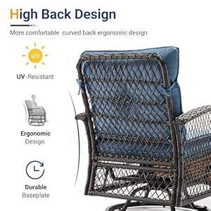 UDPATIO 3 Pieces Patio Furniture Set Outdoor Swivel Gliders Rocker Wicker Patio Bistro Set with Rattan Rocking Chair Glass Top Side Table and Thickened Cushions for Porch Deck Backyard Blue
