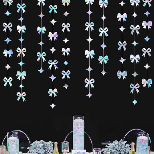 Image of Iridescent Bow Decorations Holographic Paper Star Bow Hanging Garland Streamer Banner for Coquette Birthday Bachelorette Wedding Bridal Shower Engagement Anniversary Hen Party Decorations Supplies