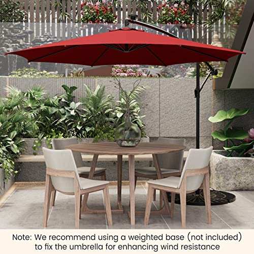 Tangkula 10Ft Solar Offset Umbrella, Tilted Cantilever Hanging Umbrella With 112 Led Lights, Lighted Patio Sun Shade With Crank Handle, Outdoor Market Umbrella For Poolside, Backyard & Deck (Burgundy) #TOP2