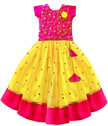 Image of Stanwells Kids Girls Yellow & Pink Combo Lehenga Choli Set | Flared Readymade Dress with Sequins Embroidery | Traditional South Indian Outfit