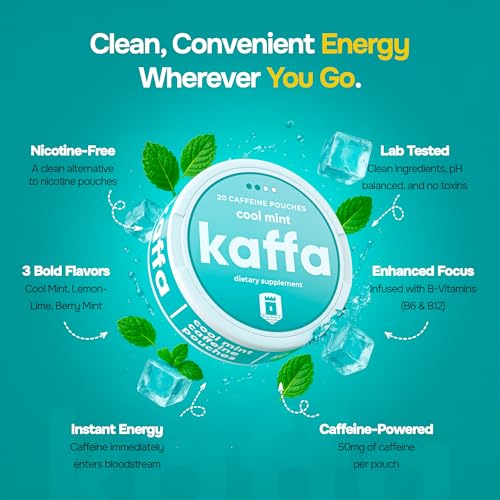 Image of Kaffa Energy Pouches - 50mg Caffeine Pouches - Vitamin B6 & B12-20 Nicotine Free Pouches Per Can - 3 Pack (Berry Mint)