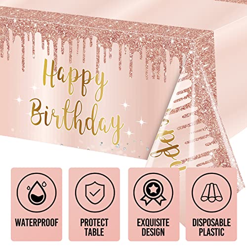 3 Pcs Pink Rose Gold Happy Birthday Tablecloth Decorations For Women, Happy Birthday Table Cover Party Supplies, 16Th 21St 30Th 40Th 50Th Birthday Plastic Disposable Rectangular Table Cloth Decor #TOP2