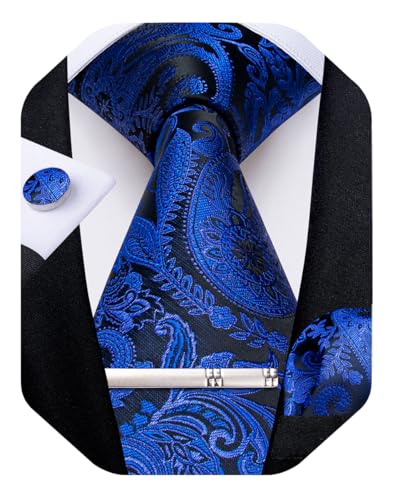 Image of DiBanGu Silk Floral Ties for Men Woven Paisley Necktie and Tie Clip Handkerchief Cufflinks Set for Party Wedding