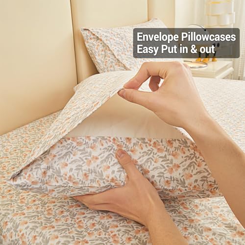Image of Viviland Floral Queen Sheet Set - 4 Piece Vintage Light Orange Flower Patterned Bed Sheets - Soft, Breathable Microfiber Sheets with Deep Pocket, Non-Slip Fitted Sheets & Pillowcases