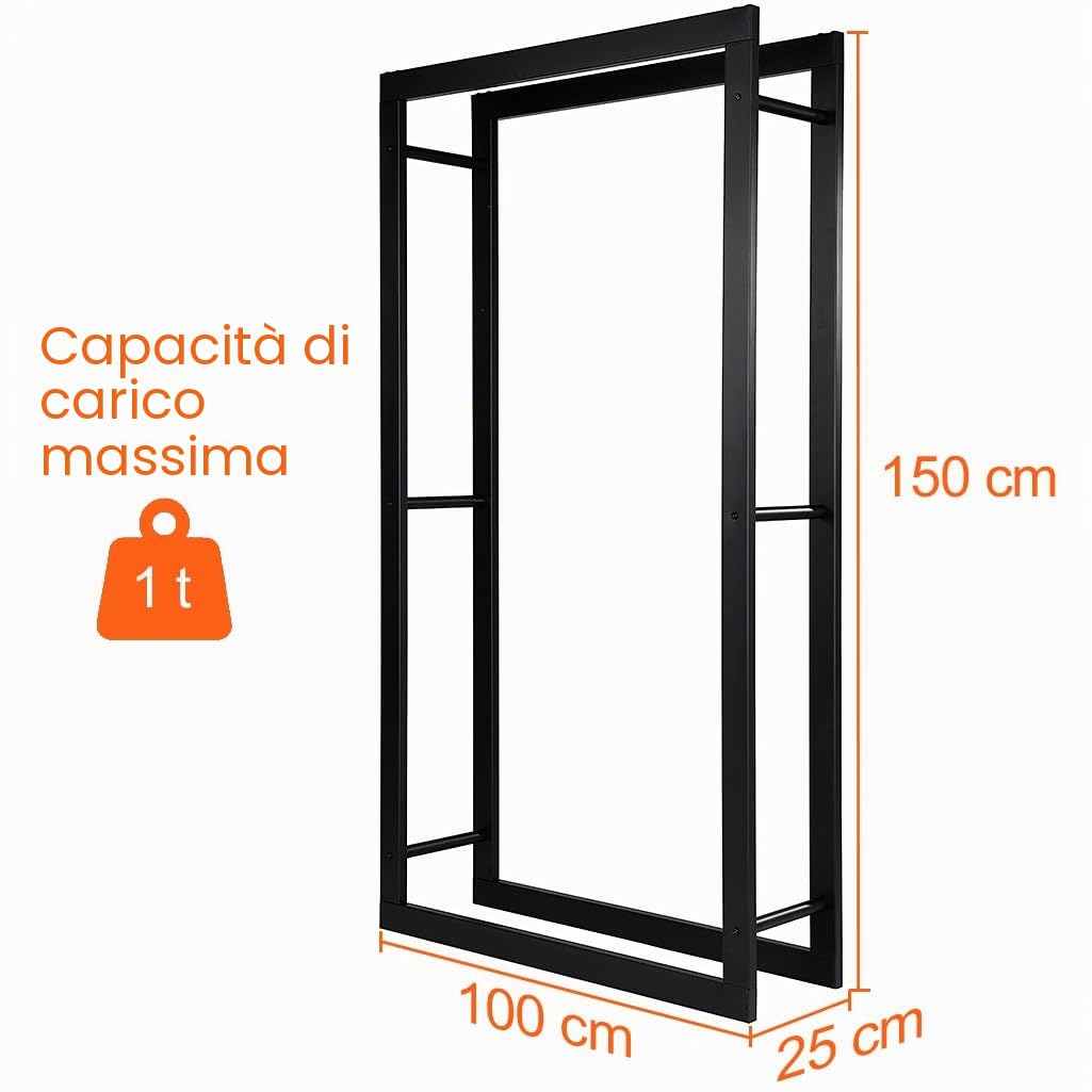 Loywe LW1087 - Scaffale per legna da ardere, in metallo nero (100 x 25 x 150 CM)