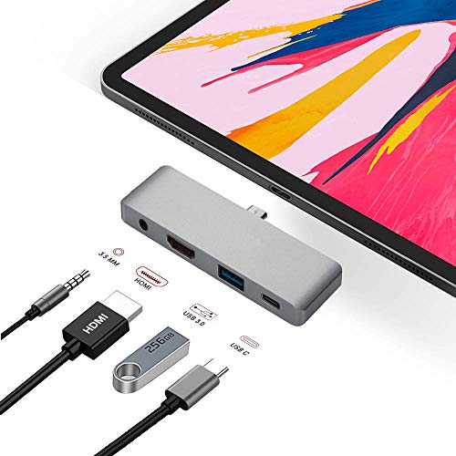 Adaptador USB C Hub para iPad Pro Accessories 2018 12.9" 11", estación de acoplamiento 4 en 1 tipo C Dongle con convertidor HDMI, conector para auriculares de 3,5 mm, carga USB-C PD, puerto USB 3.0
