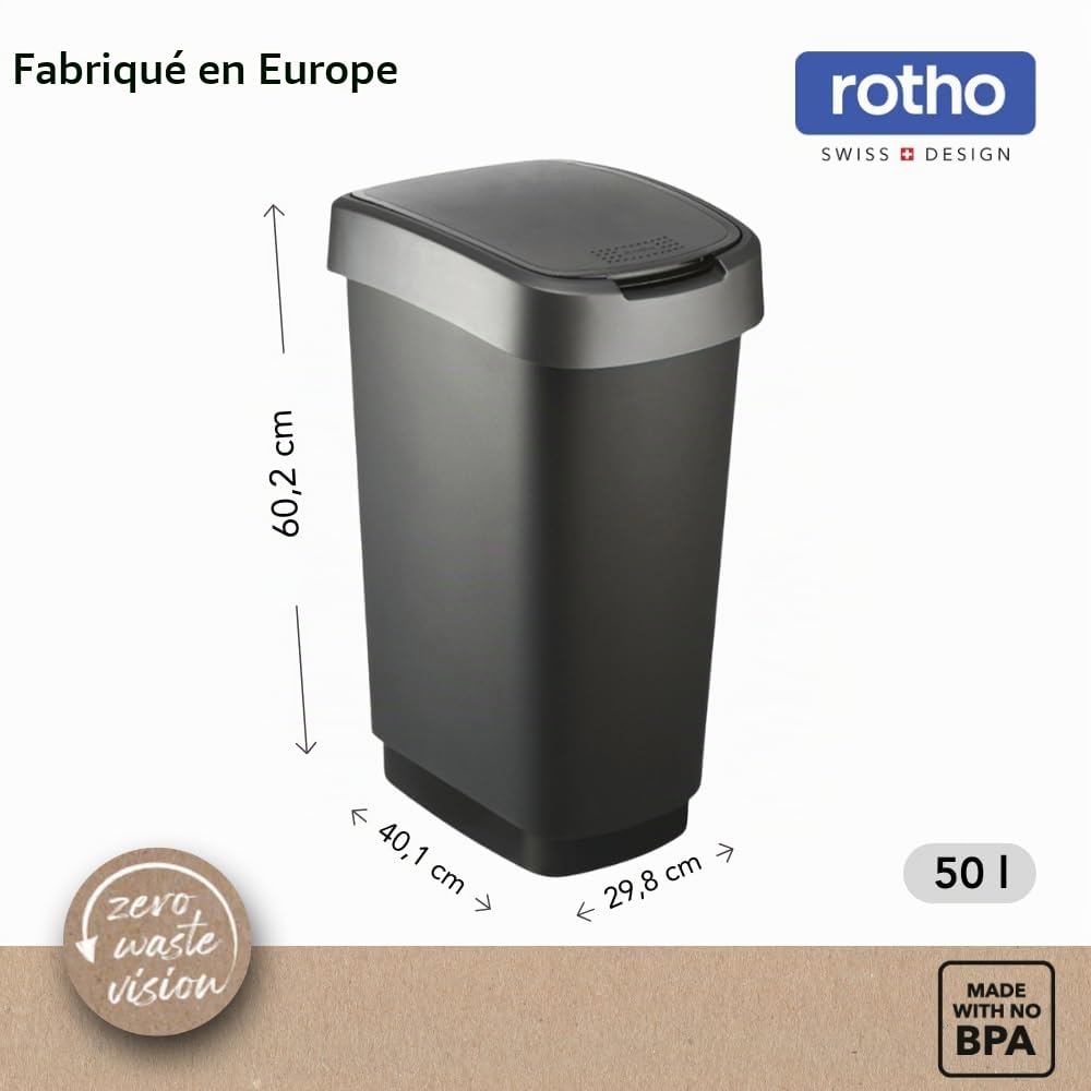 Rotho Twist Poubelle Cuisine 50 Litres Poubelle Salle de Bain Noir/Argenté