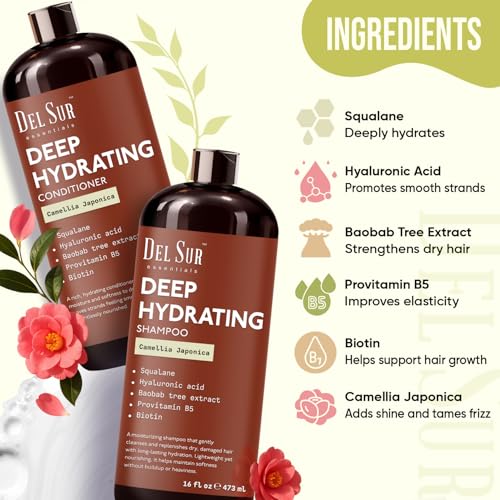 Image of DEL SUR Hydrating Shampoo and Conditioner Set | 16 fl oz Each | with Camellia Japonica, Squalane, Hyaluronic Acid, Baobab Extract & Biotin | Deep Moisture for Dry, Damaged Hair