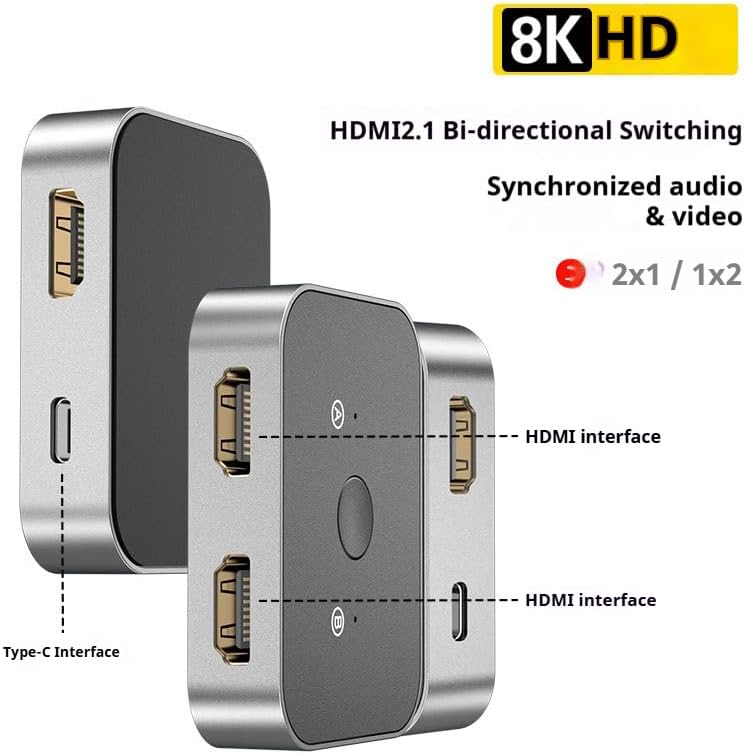 8K HDMI Two-Way Switcher, 4K 144Hz Dual Input Single Output Computer Monitor Video Two-Way Switcher