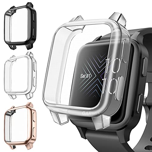 Image of Fintie 3 Packs Screen Protector Case Compatible with Garmin Venu Sq 2 / Sq 2 Music /Venu Sq /Venu Sq Music, Soft TPU Plated Bumper Full Cover Protective Cases [Scratch-Proof], Black /Clear /Rose Gold