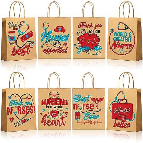 24pcs Nurses Week Gift Bulk Bags Thank You Nurse Craft Paper Gift Bags Best Nurse Ever Brown Goodies Bags With 8 Patterns for Nurses Week Nursing Day Medical RN Graduation Party Supplies 9 x 7 x 3