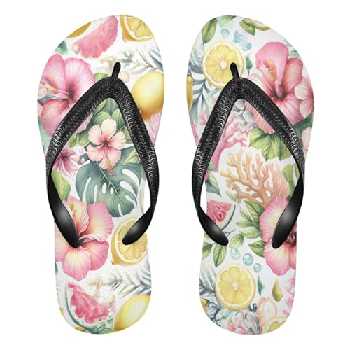 Burbuja Pink Hibiscus Lemons Coral Flip Flops for Women Men, Soft Thong Sandals Rubber Slippers for Pool Beach Essentials