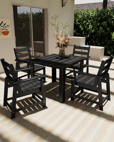 Image of GREENVINES HDPE Outdoor Dining Table w /Umbrella Hole for 4, Black