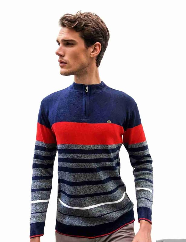 forwards Striped Turtle-Neck Full-Sleeve Quarter-Zip Sweater for Men-picture-39
