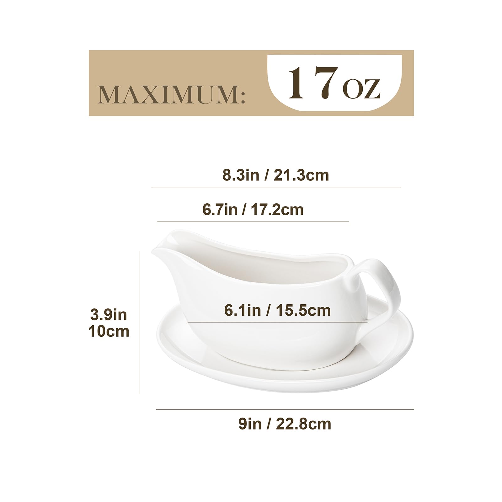 MALACASA Salsiera in Porcellana 500 ml con Piattino e Manico, Salsiera per Salsa Contenitore con Vassoio per Salsa, Crema Brodo Latte, Condimenti per Insalata, Panna, Adatto alla Lavastoviglie, Bianco