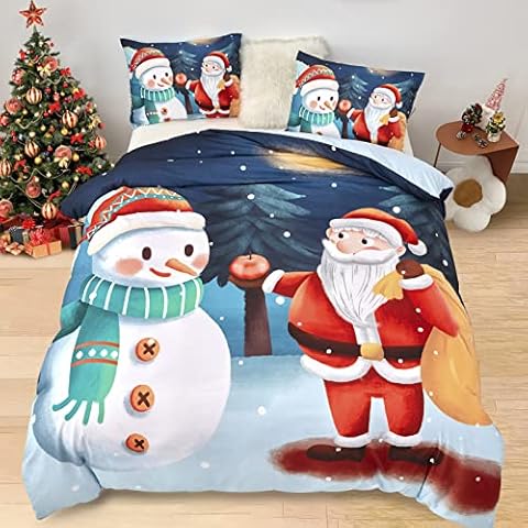 Mafudoxi Christmas Duvet Cover Set, Queen Size Christmas Comforter Cover Set with Zipper Closure and Corner Ties, Santa Claus with Snowmen Pattern Quilt Cover Set (1 Duvet Cover+2 Pillowcases) Cover