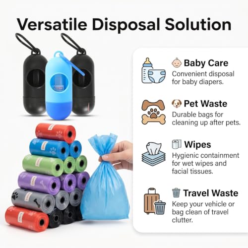 Image of Baby Disposable Diaper Bags, Diapers Trash Bags Convenient and Quick Diaper Disposal, Dog Potty Picker Bag, Waste Bag for kids potty, dogs poop, Diaper (5 Roll (75 Bags) + 1 Dispenser)