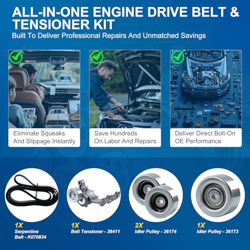 Image of Serpentine Belt Drive Component Kit with Tensioner & Idler Pulley, Fit Toyota 4Runner 2004-2009, Tacoma 2005-2015, Tundra 2005-2010, FJ Cruiser 2007-2009, V6 4.0L, Replace 90K-38411