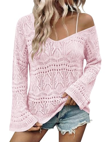 Image of Cakulo Womens Summer Crochet Tops Boho Off Shoulder Sweaters Lightweight V Neck Loose Vacation Resort Wear 2026