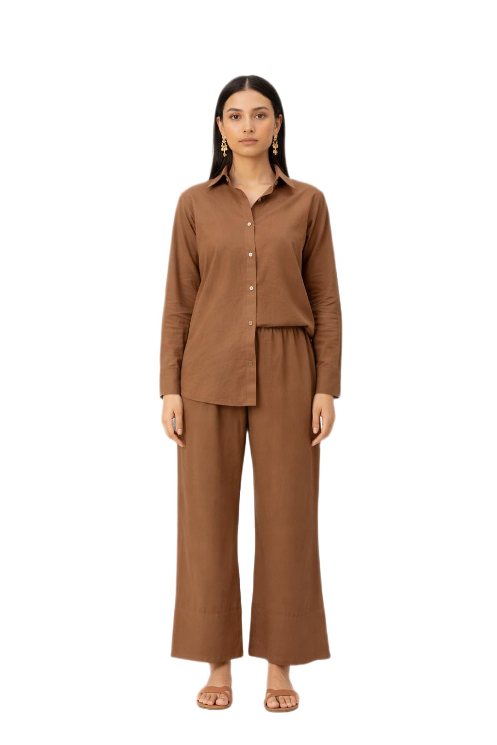 Brown Full Coordinated Outfit Womens Cotton Shirt Pant Set-image-46