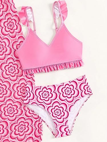 Image of WDIRARA Girl's 3 Piece Swimsuits Boho Floral Print Ruffle Trim Bikini Set with Split Beach Skirt