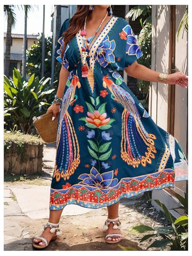 Image of Floerns Women's Plus Size Tribal Print Dolman Sleeve Slit Summer Maxi A Line Dress