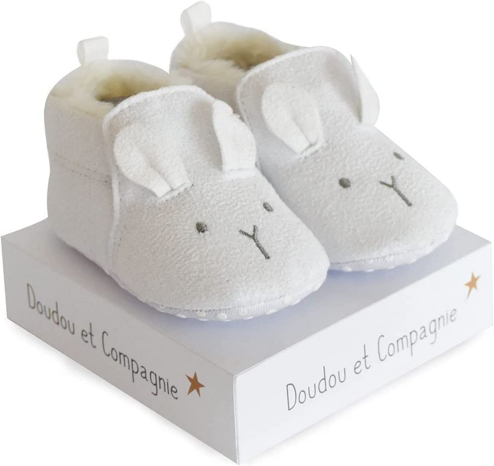 Chaussons Lapins Bébé Doudou Et Compagnie - Blanc Tout Doux Cadeau Naissance Lavable