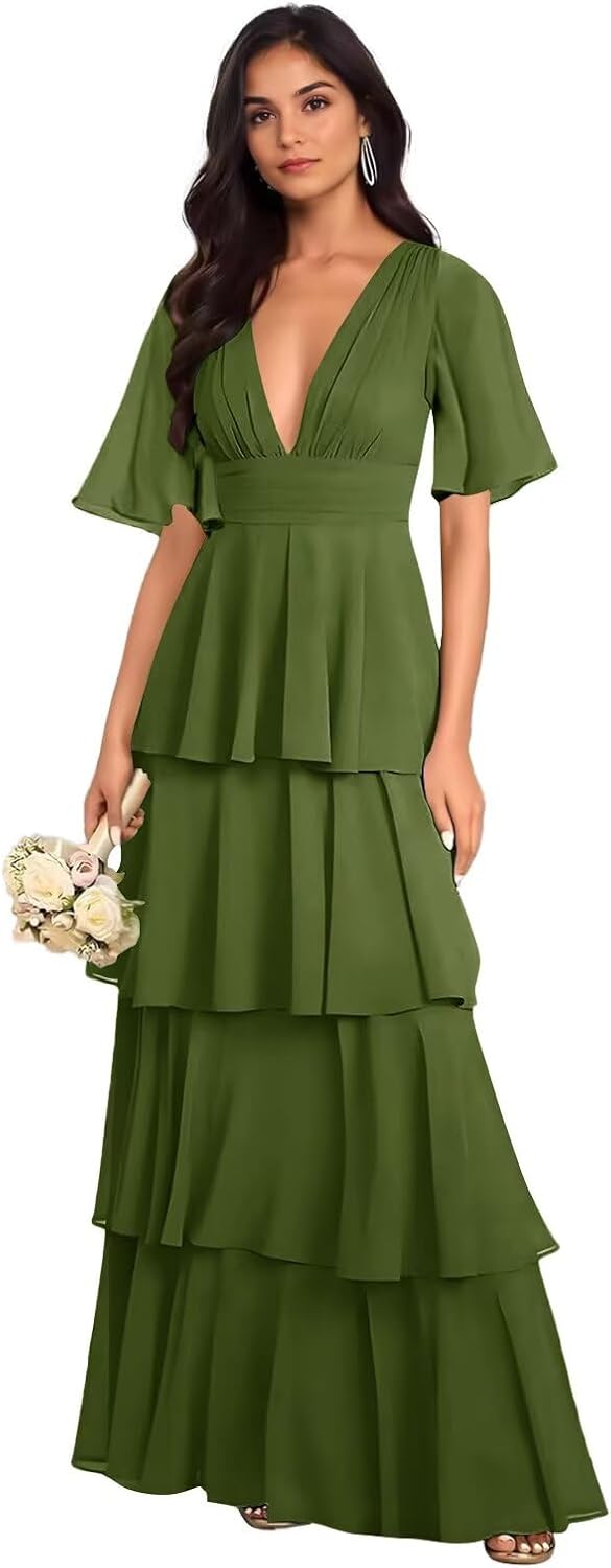 GATMAHE Ruffle Bridesmaid Dresses for Women Long Chiffon Tiered Flutter Sleeves A Line Formal Evening Dress