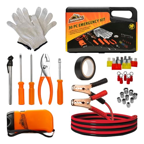 Armor All 30pc Roadside Emergency Kit - Gloves, Tools, Flashlight, Car Fuses, Tape, Socket Heads, 12G Jumper Cables & Carrying Case - Roadside Emergency Kit, Travel Essential