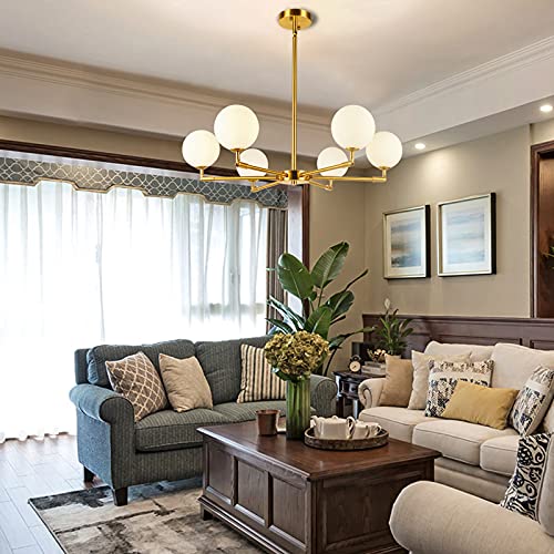 Baoden 6-Lights Globe Mid Century Chandelier Modern Sputnik Pendant Light Fixture With G9 Bulb Brushed Brass Finished With White Globe Glass Lampshade Dining Kitchen Island Bedroom Lighting (Gold) #TOP2