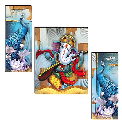 Image of Indianara Set of 3 Lord Ganesha with Peacock MDF Art Painting (3777FL) without glass 4.5 X 12, 9 X 12, 4.5 X 12 INCH