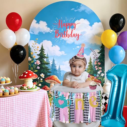 Image of Welcome to Onederland Highchair Banner for First Birthday Party Decorations | Teapot Onederland High Chair Banner for Girls Alice in Wonderland 1st Birthday Backdrop Decors Baby Shower Party Supplies