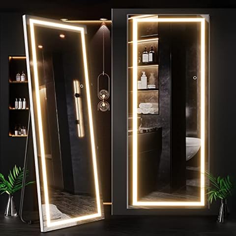 COOL2DAY Full Length Dressing LED Mirror Large Rectangle Dimmable Floor Mirror Wall Mirror,Waterproof Mirror for Bedroom Bathroom and Living Room (65"x 22") Cover