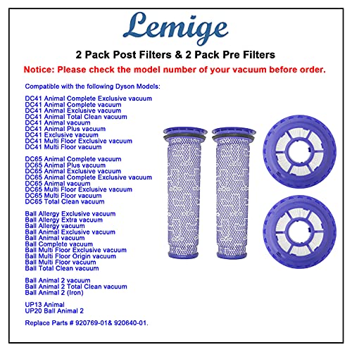 Lemige 2 Pack Post Filters & 2 Pack Pre Filters Replacement For Dyson Dc41 Dc65 Dc66 Up13 Up20 Animal, Multi Floor And Ball Vacuums, Compare To Part #920769-01&920640-01 #TOP3