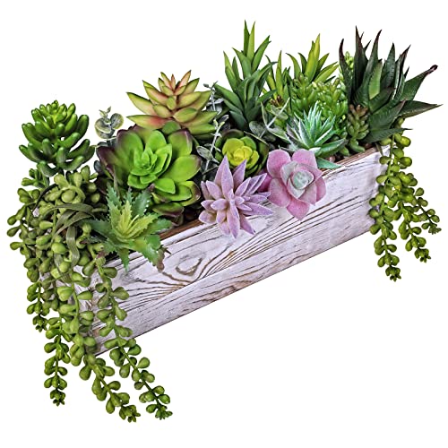 19 Pcs Assorted Artificial Succulents Fake Plants In Rectangular Wooden Pot Succulents Garden In Wood Planter Box Potted Succulents Plants Arrangement For Table Centerpiece Windowsill Greenery Decor #TOP6
