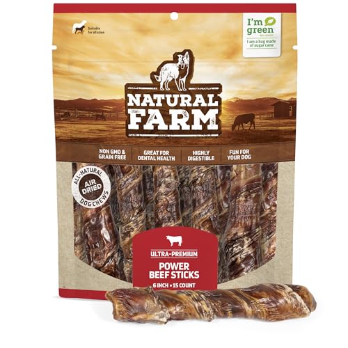 Natural Farm Power Beef Sticks Dog Chews (6”, 15-Pack), 2-in-1 Power Chews: Premium Beef Cheek Wrapped in Beef Esophagus for Double Chewing Time, Promotes Dental Health, Great for Medium Dogs Natural Farm Power Beef Sticks Dog Chews (6”, 15-Pack), 2-in-1 Power Chews: Premium Beef Cheek Wrapped in Beef Esophagus for Double Chewing Time, Promotes Dental Health, Great for Medium Dogs
